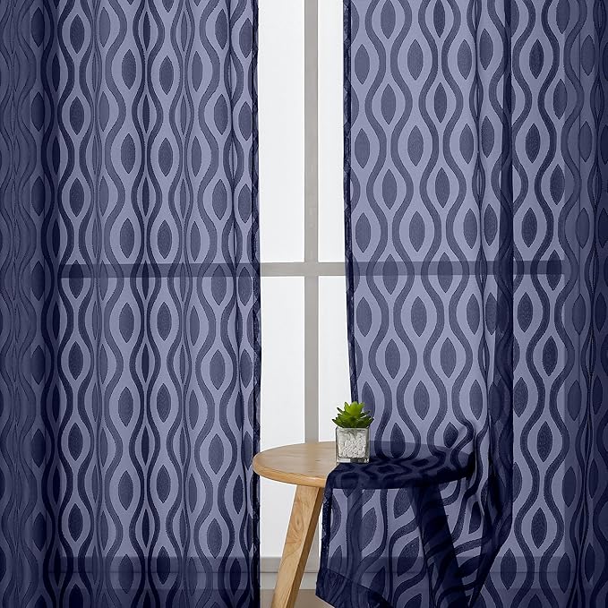 Aiyufeng Extra Long Sheer Curtains 96 Inches Long for Bedroom 2 Panels Set, Modern Light Filtering Wavy Line Clip Jacquard See Through Curtains for Bedroom Living Room, Navy Blue, 40" Wx96 L Inches