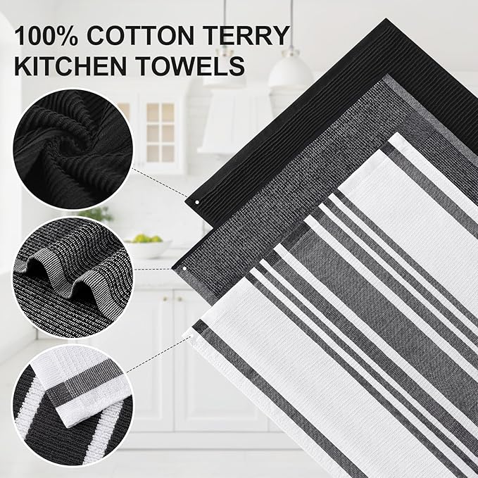 Homaxy Premium Kitchen Towels(18”x 28”, 9 Pack), Large Cotton 380 GSM Kitchen Hand Towels, Soft and Absorbent Terry Dish Towels, Multipurpose Tea Towel Set with Hanging Loop, Black