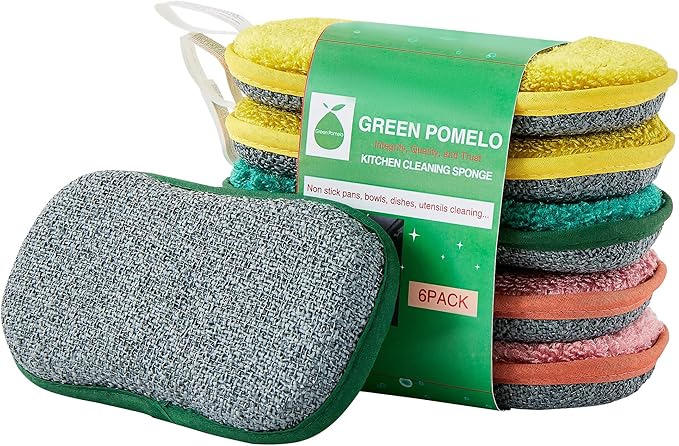 Multipurpose Sponges Kitchen,6 Pack Reusable Non-Scratch Scrub Sponge,Rough Scrubbers Side for Pots and Pans,Soft Microfiber Scrub Side for Washing Dishes