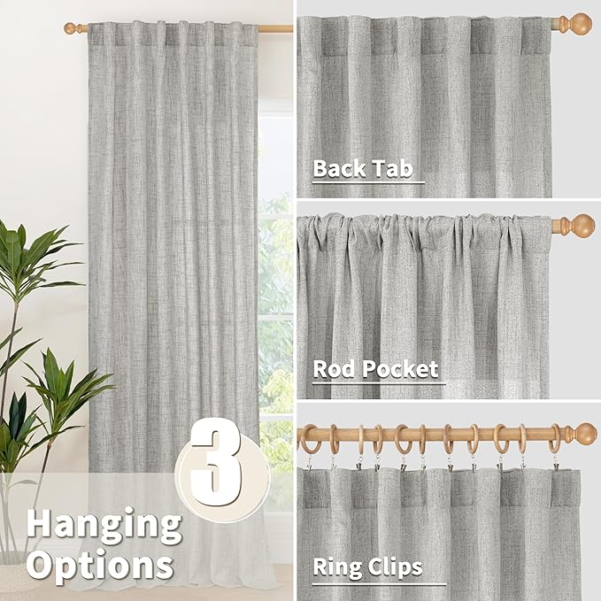 YoungsTex Dark Grey Linen Curtains 45 Inch Length for Short Window, Semi Sheer Drapes with Back Tab Rod Pocket Light Filtering for Kitchen Bathroom Bedroom, 2 Panels, 42 X 45 Inch