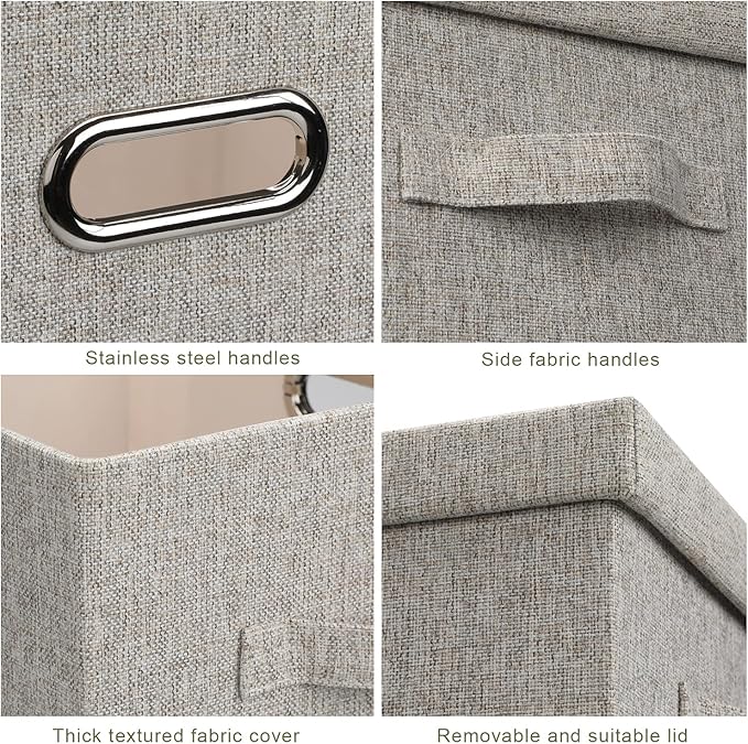 Medium 15" 21 Quart Collapsible Stackable Storage Bins with Lids, 3 Packs Beige Foldable Fabric Closet Boxes Heavy-duty Linen Cube Baskets Container for Bedroom Office (15 x 11 x 8)