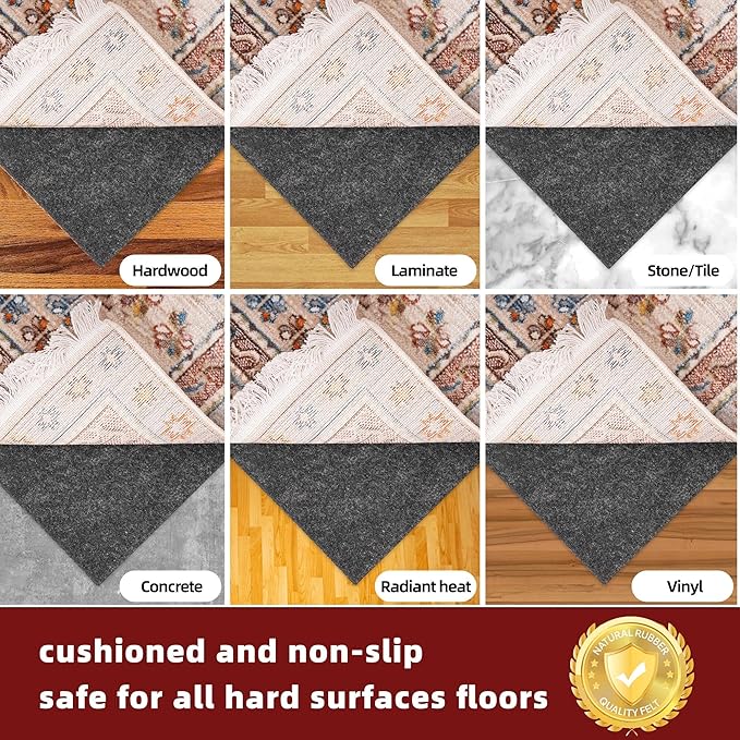 BAGAIL Felt and Natural Rubber Backing Rug Pads 1/8” Thick, 8 x 10 Ft Non Slip Rug Gripper Keep Rugs in Place, Under Area Rug Protective Cushioned Pads, Carpet Runners, Hardwood Floors Protection