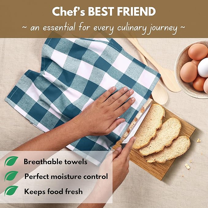 Native Fab 6-Pack Kitchen Towel with Hanging Loop 16x26 inches, Cotton Buffalo Check Kitchen Towels for Cleaning Drying, Washcloths Soft & Absorbent Cloth Rags, Bar Towel, Dish Cloth, Teal Green