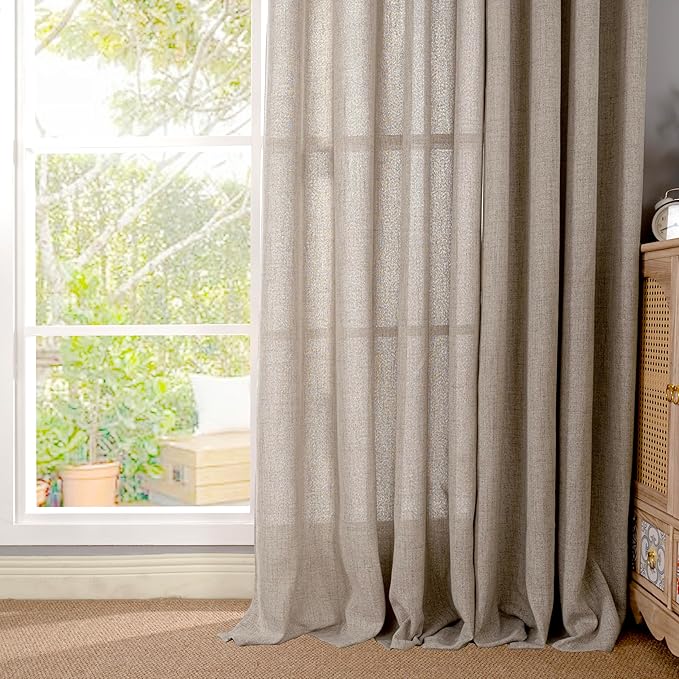 YoungsTex Dark Oatmeal Linen Curtains 54 Inch Length for Short Windows, Tan Semi Sheer Drapes Light Filtering with Rod Pocket Back Tab for Living Room Kitchen Bathroom, 2 Panels, 42 X 54 Inch