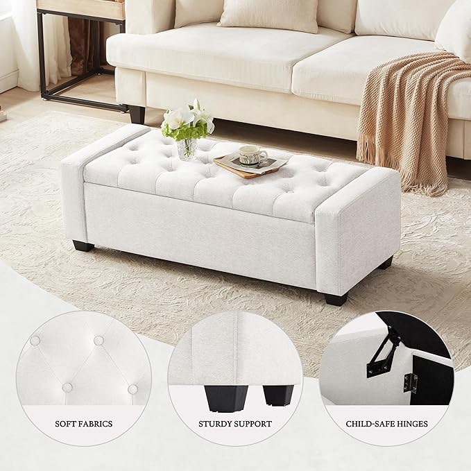 48" Ottoman with Storage, White Storage Ottoman Bench with Safety Hinge, Upholstered Entryway Bench with Seating for Bedroom, Living Room, Holds up to 330 lb