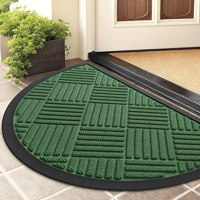 Smiry Half Circle Front Door Mat Outside Entrance, Heavy Duty Outdoor Indoor Natural Rubber Doormat, Non Slip, Trap Dirt and Moisture, Easy Clean, Low Profile Patio Porch Entryway Mat, 29.5x17, Green