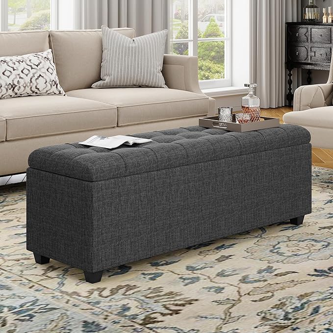 Ottoman with Storage 38 inches, Furniture End of Bed Storage Benches, Long Ottomans Bench with hinged lid, Bench seat Trunk for Foot Rest in Bedroom, Living Room (Dark Grey)