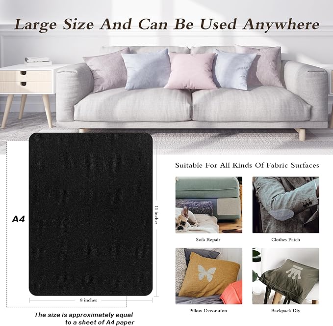 Fine Linen Repair Patches, Self-Adhesive Fabric Patches, 8x11 inch 2 PCS, Multi Color, for Sofa and Clothes Repair (Black, 8" x 11" - 2PCS)