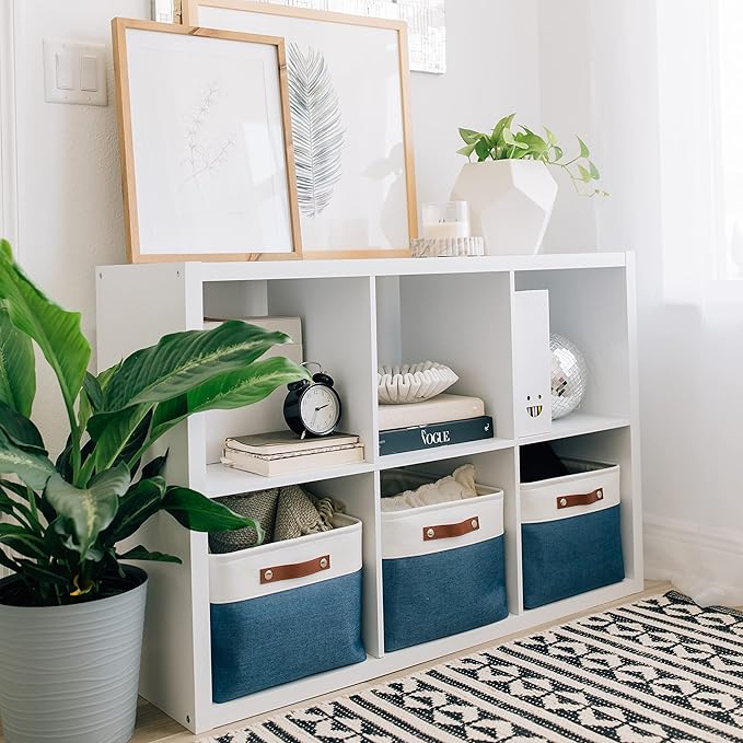 OrganiHaus Extra Large Fabric Storage Bins for Shelves 16x13in, Closet Storage Baskets for Shelf Organizing, Canvas Rectangle Bins for Organization, Linnen Baskets for Organizing - Navy Blue/White