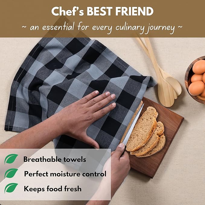 Native Fab 6 Pack Buffalo Check Kitchen Dish Towels, Cotton, Durable, Washable 16"x26" - Tea Towel, Soft Absorbent Cleaning Towels, Hand Towel with Hanging Loop - Black, Grey