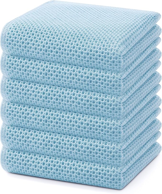 Homaxy 100% Cotton Waffle Weave Kitchen Dish Towels, Ultra Soft Absorbent Quick Drying Cleaning Towel, 13 x 28 Inches, 6-Pack, Sky Blue