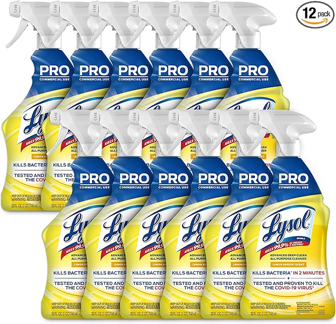 Lysol Pro All-Purpose Cleaner, Advanced Deep Cleaning Sanitizing and Disinfecting Spray, For Commercial Use, Use to Clean and Deodorize, Lemon Breeze Scent, 32oz (Pack of 12)