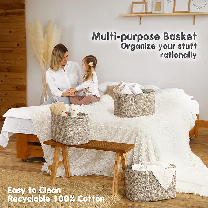 CHAT BLANC Cotton Rope Baskets for Organizing | Storage Baskets for Shelves | Rope Basket for Storage, Small Laundry Baskets, Woven Baskets for Storage, Dog Toy Bin, Baby Basket, Brown 3 Pack