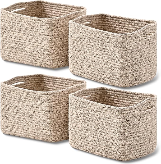 Small Storage Baskets for Shelves Organizing, Woven Cotton Rope Baskets for Storage, Book Basket, Decorative Shelf Basket, 12.5"Lx9.1''Wx7.9''H (4 Packs) Brown