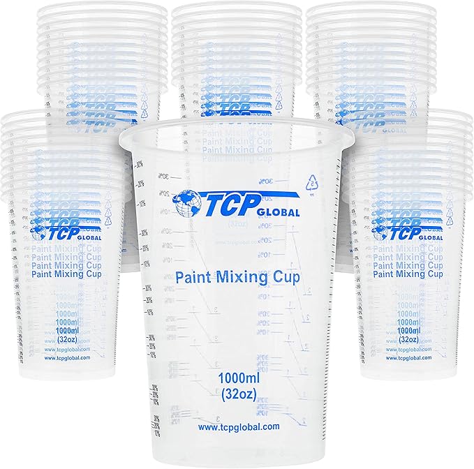 TCP Global 32 oz. (1000ml) Graduated Plastic Mixing Cups (Box of 50) - Disposable Plastic Measuring Cups for Liquids, Paints, Resin, Epoxy, Art, Kitchen - Ratios 2-1, 3-1, 4-1 ML