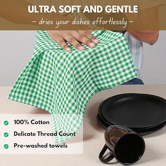 Native Fab Set of 12 Gingham Mini Check Kitchen Towels 16"x26" - Cotton Dish Towels - Soft Absorbent Hand Towels with Hanging Loop, Washcloths for Quick Drying, Cleaning - Green White