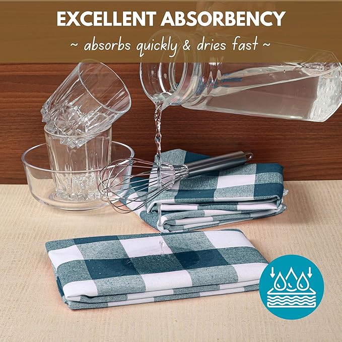 Native Fab 6-Pack Kitchen Towel with Hanging Loop 16x26 inches, Cotton Buffalo Check Kitchen Towels for Cleaning Drying, Washcloths Soft & Absorbent Cloth Rags, Bar Towel, Dish Cloth, Teal Green