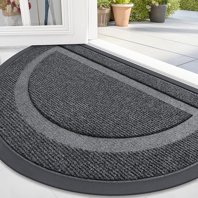 OLANLY Half Circle Door Mat Indoor Outdoor Entrance Welcome, Waterproof All-Season, All-Weather Doormat, Sturdy Natural Rubber, Low Profile, Easy Clean Patio Porch Entryway Mat, 59x35, Grey