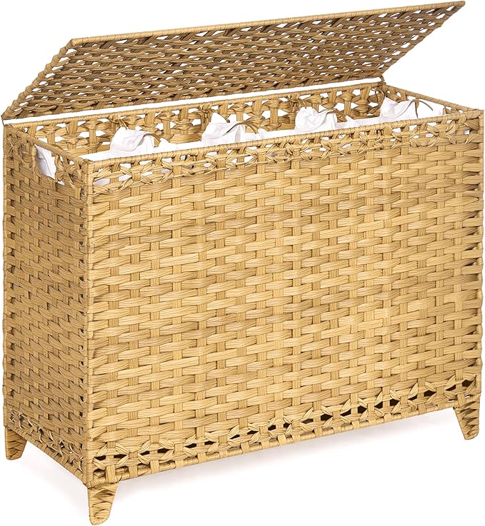 Laundry Hamper with 4 Removable Liner Bags; 176L Handwoven Rattan Laundry Basket with Lid & Heightened Feet; Clothes Hamper with Side Handles (Natural)