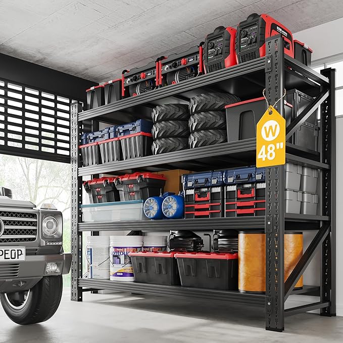 3000LBS Metal Steel Storage Shelves - 48" W Black 4 Tier Heavy Duty Rack Commercial Industrial Shelving with Adjustable Shelf for Basement Garage Warehouse Supermarket - 48" W x 24" D x 70" H