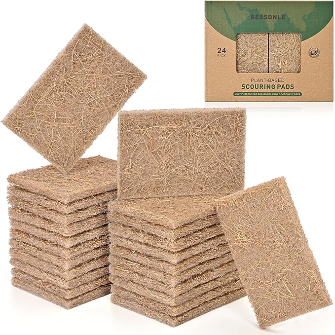 24 Pack Natural Scrub Kitchen Sponges - Coconut Husk Non Abrasive Scouring Pads - Multipurpose Scrubbing for Dishes - Heavy Duty Dishes, Pan and Pot Scrubbers for Kitchen Non Scratch