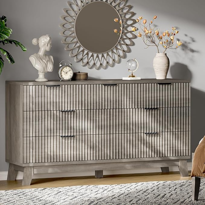 Fluted Dresser with 7 Drawers, 58" Wide Modern Chest of Drawers with Metal Handle, Wooden Dresser TV Stand, Wood Closet Clothes Storage Organizer for Bedroom, Living Room, Hallway, Light Grey