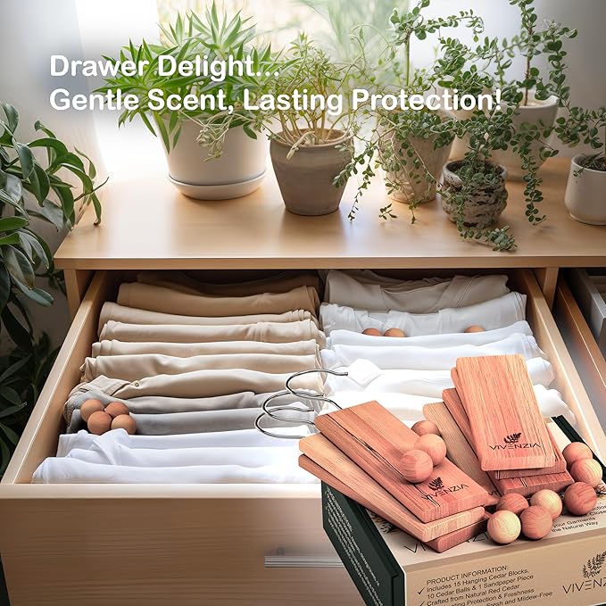 Cedar Blocks for Clothes Storage -25 pcs (15 Hang-ups & 10 Balls)- Hanging Cedar Planks, Natural Closet Smell Eliminator, Natural Closet Deodorizer, Drawer Fresheners for Dresser.