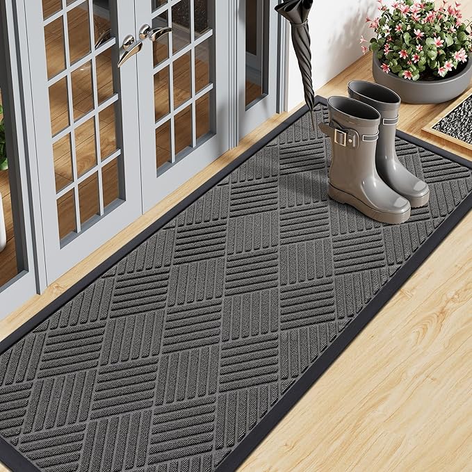 Smiry Front Door Mat Outside Entrance, Heavy Duty Outdoor Indoor Natural Rubber Doormat, Non Slip, Trap Dirt and Moisture, Easy Clean, Low Profile Patio Porch Entryway Mat, 47x17, Grey