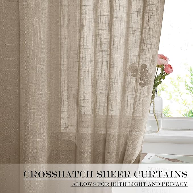 NICETOWN Sheer Back Door Curtain - Linen Textured Sidelight French Door Panel with Bonus Tieback, Semi Sheer Privacy with Light Filter Window Treatment (52" Wide x 40" Long, Taupe, 1 Panel)
