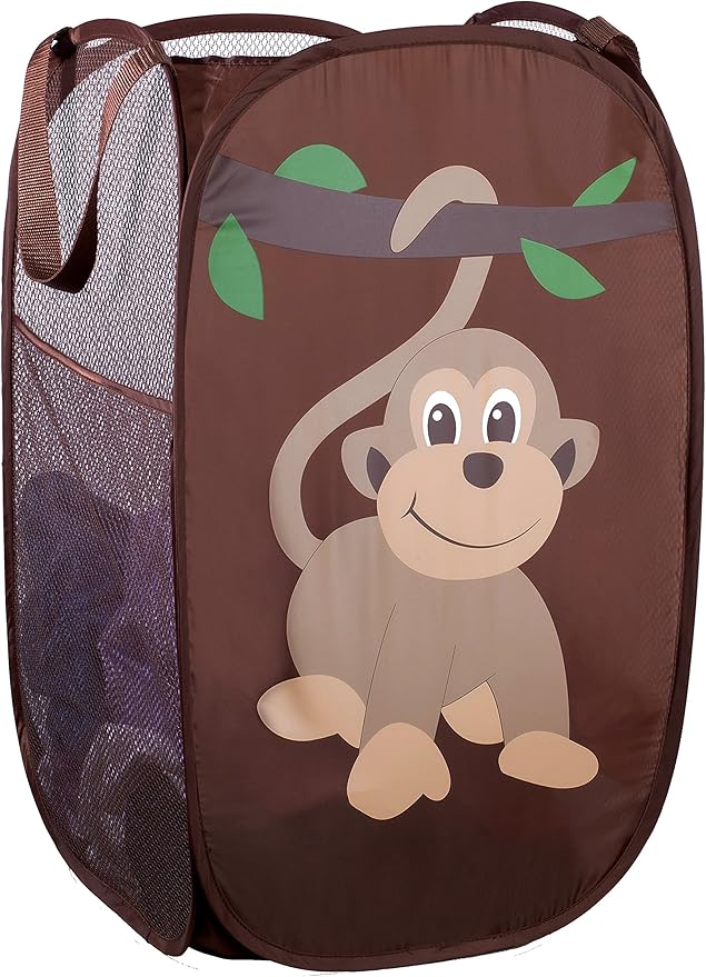 Handy Laundry Collapsible Mesh Pop Up Hamper with Wide Opening and Side Pocket - Breathable, Sturdy, Foldable, and Space-Saving Design for Clothes and Storage (Monkey)