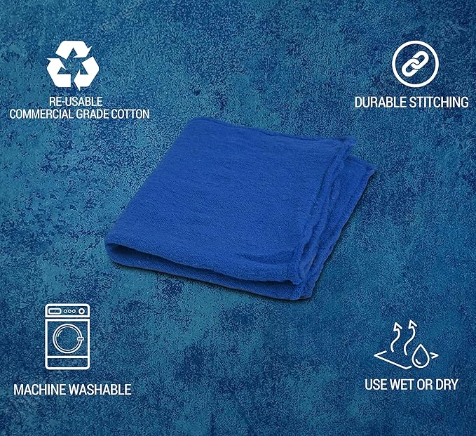 Cotton Shop Towels - Pack of 50 Cleaning Rags 12'' x 14'' - Super Soft and Absorbent Shop Rags for House - Multipurpose Cleaning Towels for Automobiles, Industries, Garage