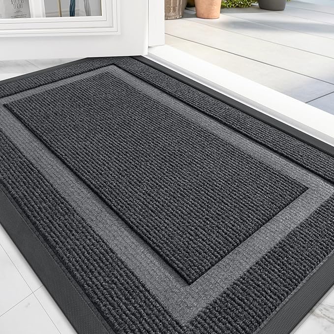 OLANLY Front Door Mat Indoor Outdoor Entrance, Waterproof All-Season, All-Weather Doormat, Sturdy Natural Rubber, Fade Resistant, Low Profile, Easy Clean Patio Porch Entryway Mat, 59x20, Grey