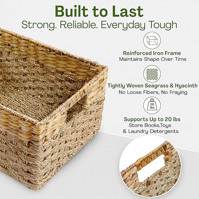 Large Wicker Storage Basket with handles, Natural, Woven, Seagrass and Hyacinth Organizing Baskets for Shelves, Pantry, Living Room - Large Size - 17x11x7.5 in