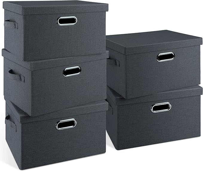 Medium 15" 21 Quart Collapsible Stackable Storage Bins with Lids, 5 Packs Dark Gray Foldable Fabric Closet Storage Boxes with Lids, Lidded Heavy-duty Linen Baskets(15x11x8)