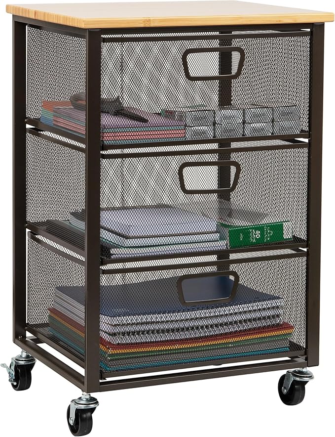 Mind Reader 3-Drawer Rolling Storage Cart, Office Organizer with Wood Top, Multipurpose Portable Cabinet with Wheels, Metal Mesh, Black