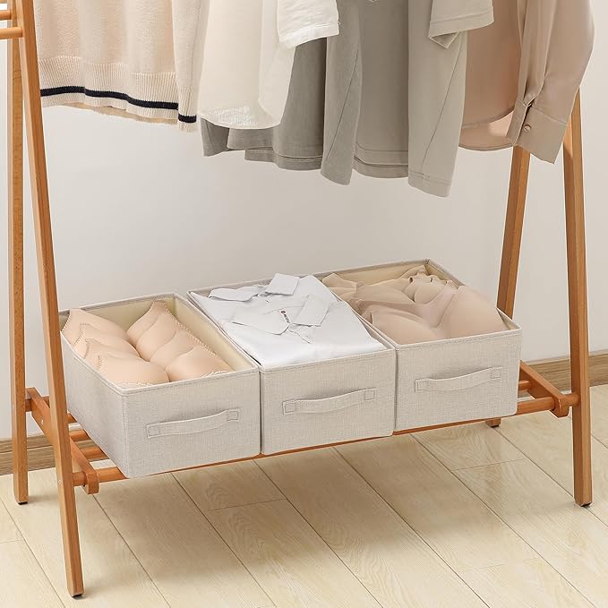Linen Folding Storage Bins, 3 Pack Large Storage Baskets, Washable, Clothing Storage Bins with Handle, Closet Organizer for Storage Sweater,Sheets (Beige, 16"x9½"x6¾")
