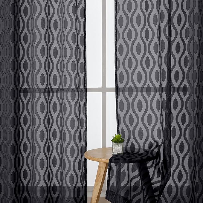 Aiyufeng Black Kitchen Curtains 14 Inch Length, Clip Jacquard Chic Wavy Line Black Valances for Windows, Lightweight Airy Rod Pocket Short Curtains for Bathroom Basement, 2 PCS, 40" Wx14 L Inches