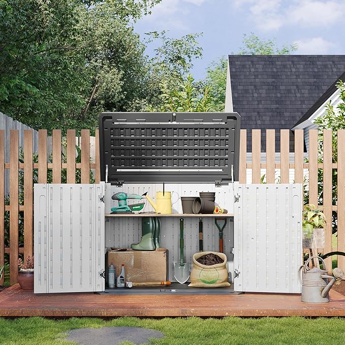 Aoxun Outdoor Storage Cabinet 35 Cu.Ft Outdoor Trash Can Storage Shed Waterproof Horizontal Storage Shed Outdoor Storage for Garbage Bin, Generator, and Lawn Mower (White)