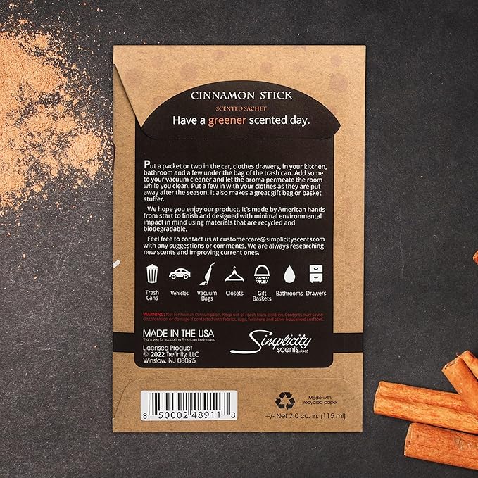 Simplicity Scents Cinnamon Sticks Scented Sachets Pack of 3, Fall & Winter - Long-Lasting Scented Bags, Home Fragrance, Air Freshener & Deodorizer for Closet, Room, Drawer, or Cars, Made in The USA