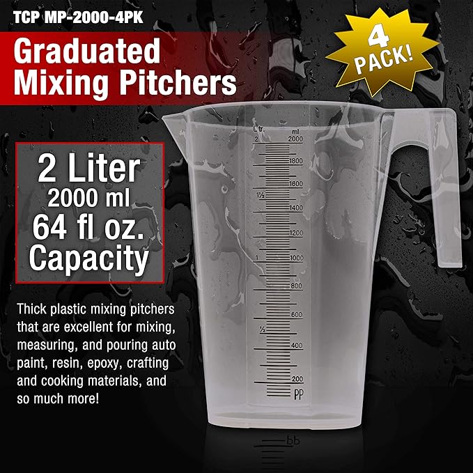 TCP Global 2 Liter (2000ml) Plastic Graduated Measuring and Mixing Pitcher (Pack of 4) - Holds Over 2 Quarts (64oz) - Pouring Cup, Measure & Mix Paint, Resin, Epoxy, Kitchen Cooking Baking Ingredients