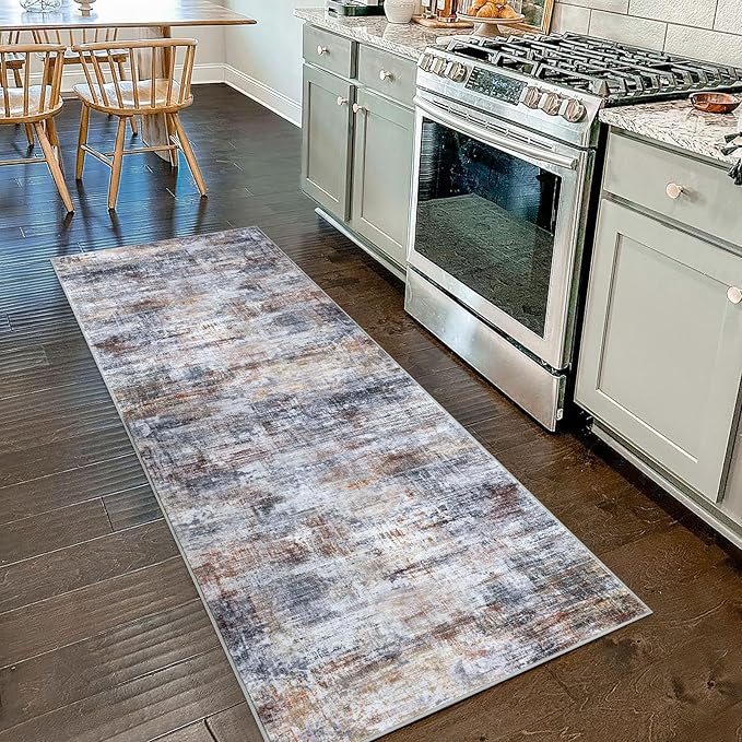 IOHOUZE Abstract Runner Rug 2x7 Ft Washable Runners for Hallways, Non Slip Kitchen Runner Printed Faux Wool Entryway Runners Indoor, Modern Abstract Floor Carpet for Hall Kitchen Bedroom, Orange Grey