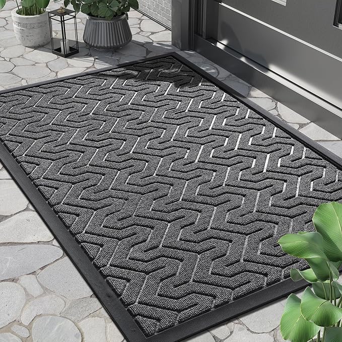 Yimobra Front Door Mat Outside Entrance 29.5x17, Waterproof Heavy Duty Outdoor Mats for Front Door, Non Slip Rubber Entry Mat for Garage Patio, Black Grey