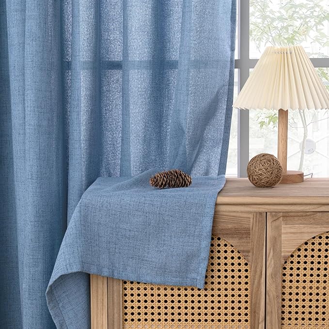 YoungsTex Denim Blue Linen Curtains 54 Inch Length for Short Windows, Semi Sheer Drapes Light Filtering with Rod Pocket Back Tab for Living Room Kitchen Bathroom, 2 Panels, 42 X 54 Inch