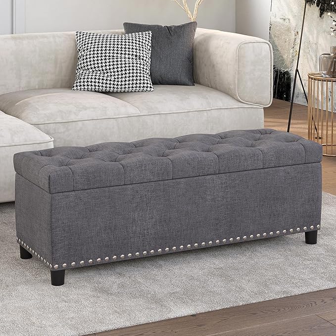 BELLEZE 47" Storage Ottoman, Storage Bench with Safety Close Hinge, Linen Button-Tufted Ottoman for Living Room, Entryway, Hallway, Foot Rest, Support 300lbs - Gray