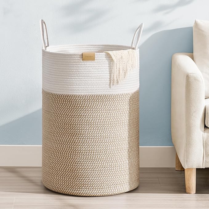 Laundry Hamper 75L,Large Laundry Basket for Clothes,Decorative Storage Basket for Blankets,Cotton Rope Woven basket for bedroom,Brown White