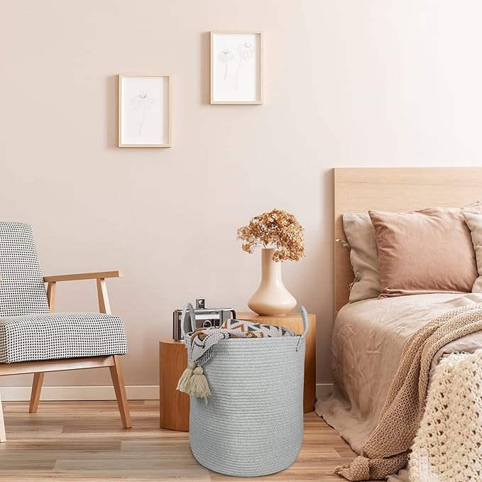 Cotton Rope Laundry Basket Hamper for Clothes Woven Storage Basket for Living Room Bedroom Boho Tall Rope Baskets for Blanket Toys Pillow Towels Baby Nursery Hamper Bin Large light grey