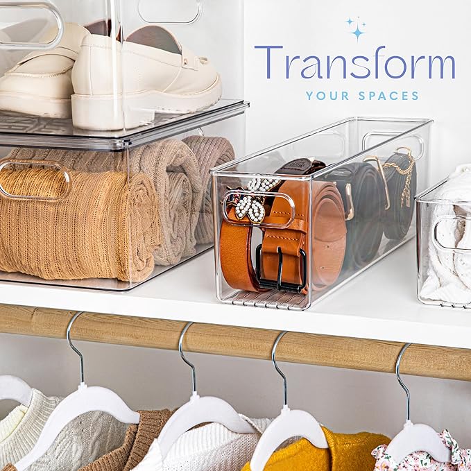 Plastic Food Storage 6 Pack Clear Container Bin with Handles for Organizing Kitchen, Pantry, Refrigerator, Freezer, Pantry, Cabinet, Closet, Bathroom. 14”x4”x5”