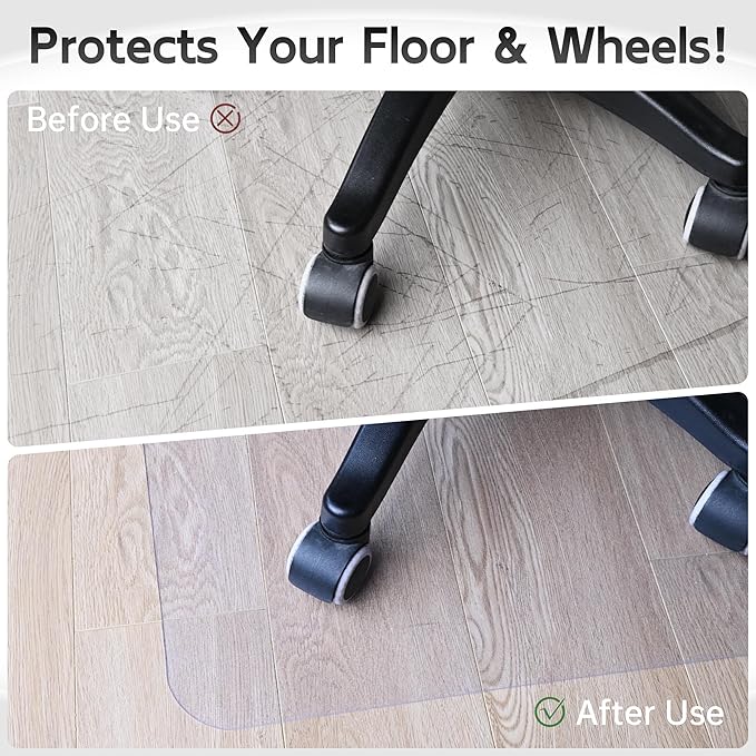 Office Chair Mat for Hardwood Floor, 48” x 40” Crystal Clear Hard Floor Chair Mat, Transparent Floor Protector Mat Flat Without Curling