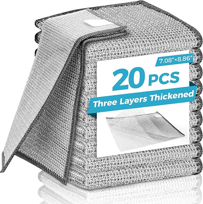 20 Pcs New Upgrade 3-Layer Metal Dish Cloth, No Scratches and No Odor, Multipurpose Wire Dishwashing Rag for Wet and Dry, Kitchen Cleaning Dish Rags,Sinks, Dishes, Stove Top, Dimensions(7.08x8.86)