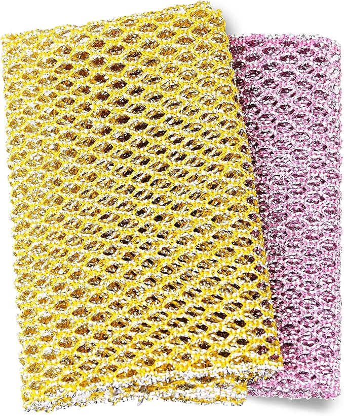 Heavy Duty Dish Scrubbers, Non-Scratch Scouring Pads - Odorless & Long Lasting Mesh Dish Cloth - Replace Sponges - Kitchen, Floor and Bathroom Usage - Made in Korea (2 Pcs)